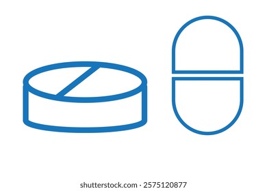 Set of tablet icon set. Pill capsule in line. Vitamin sign. Vector Illustration.