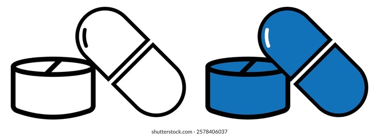 Set of tablet icon set. Pill capsule in line. Vitamin sign. Medicine Treatment Pictogram. Patient Antibiotic Prescription. Editable Stroke. Design eps 10