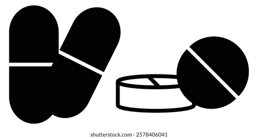 Set of tablet icon set. Pill capsule in line. Vitamin sign. Medicine Treatment Pictogram. Patient Antibiotic Prescription. Editable Stroke. Design eps 10
