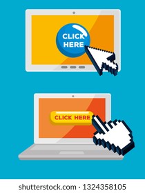 set tablet and laptop with arrow and hand cursor