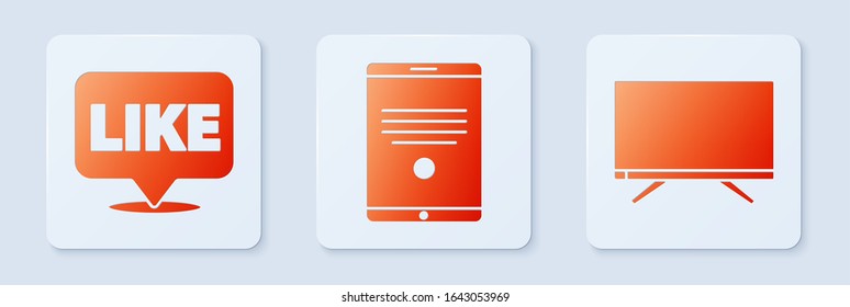 Set Tablet, Like in speech bubble and Smart Tv. White square button. Vector