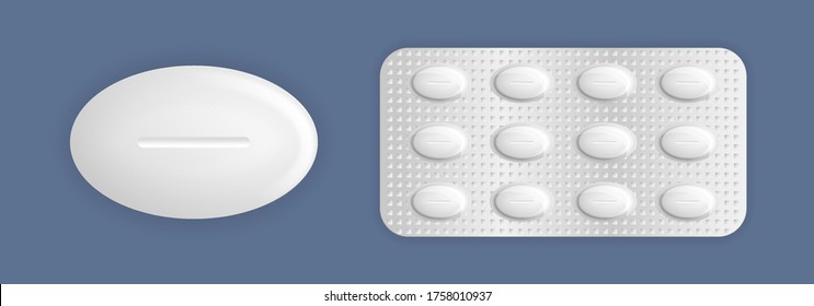 Set of tablet in packaging. 3d medicine packaging: painkillers, antibiotics, vitamins and aspirin tablets. Medicine pill and capsule packs, white 3D drugs and vitamins. Vector illustration, eps 10.