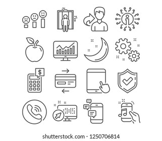 Set of Tablet pc, Credit card and Statistics icons. Customer satisfaction, Work and Calculator signs. Elevator, Music phone and Communication symbols. Vector