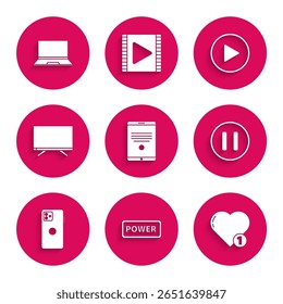 Set Tablet, Power button, Like and heart, Pause, Smartphone, mobile phone, Tv, Play in circle and Laptop icon. Vector