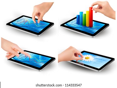 Set of tablet screen with graph and a hand. Vector.