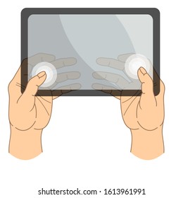 Set of tablet screen with hands. Vector.