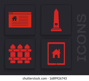 Set Tablet and smart home, Hanging sign with text Online Sale, Washington monument and Garden fence wooden icon. Vector