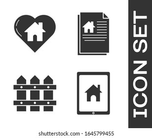 Set Tablet and smart home, House with heart shape, Garden fence wooden and House contract icon. Vector