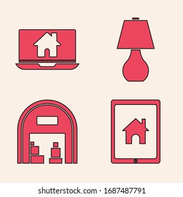 Set Tablet und Smart Home, Laptop und Smart Home, Tischlampe und Lager Symbol. Vektorillustration