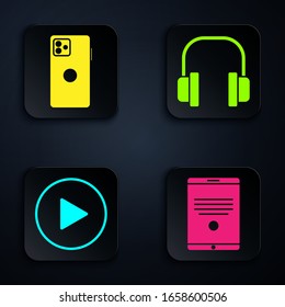 Set Tablet, Smartphone, mobile phone, Play in circle and Headphones. Black square button. Vector