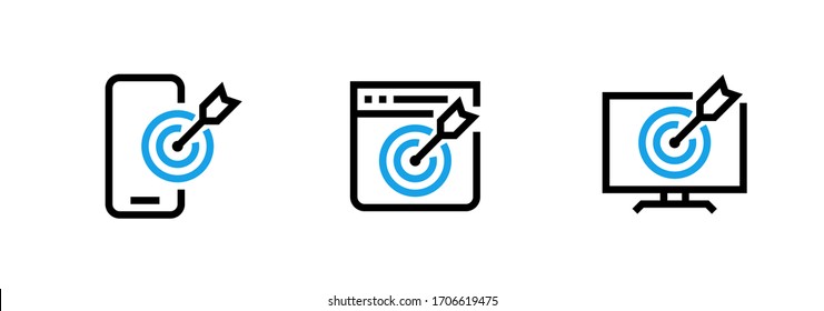 Set of Tablet Target, Website Goal and Desktop Personal Targeting icons. Editable line vector. Symbol device and purpose with arrow in center of browser window, in screen of monitor. Group pictogram.
