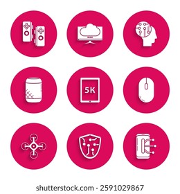 Set Tablet with text 5k, Cyber security, Smartphone, mobile phone, Computer mouse, Drone, Voice assistant, Human brain digital circuit board and Gamepad icon. Vector