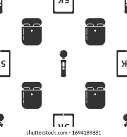 Set Tablet with text 5k, Gamepad and Air headphones in box on seamless pattern. Vector