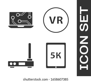 Ajuste Tablet con texto 5k, portátil, router y señal wi-fi e icono de realidad virtual. Vector