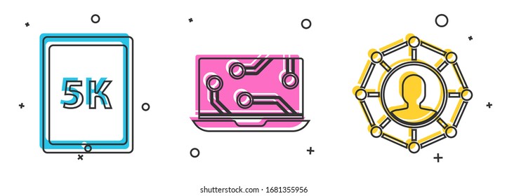 Establecer Tablet con texto 5k, portátil y el icono base del equipo del proyecto. Vector