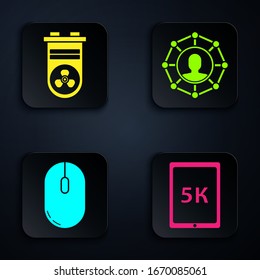 Set Tablet with text 5k, Video graphic card, Computer mouse and Project team base. Black square button. Vector