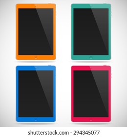 set of tablets with black touch screens and flare isolated on grey background. realistic and detailed devices mockup. stock vector illustration