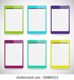 set of tablets with blank touch screens and flare isolated on grey background. realistic and detailed devices mockup. stock vector illustration