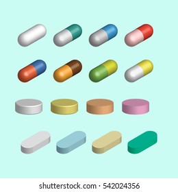 Set of tablets and capsules, 3D. Vector illustration.