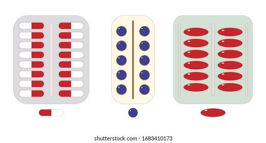 Conjunto de comprimidos y cápsulas en blister. Rojo, azul. Tratamiento de neumonía y coronavirus COVID-19. Medicamentos farmacéuticos. Terapia antibiótica. Vitaminas de medicamentos. Ilustración vectorial aislada en blanco.