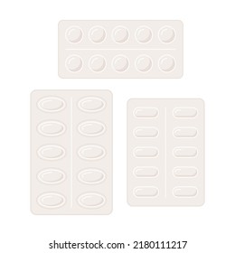 A set of tablets and capsules of different forms. A set of vitamins packaging icons.
