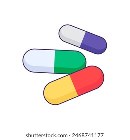 Set of tablets and capsules icon. Drug release form, medical stroked cartoon element for modern and retro design. Simple color vector pictogram isolated on white background