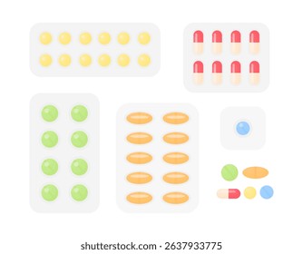 Set of tablets and capsules. Various blisters. Medical preparations. Pharmaceutical elements