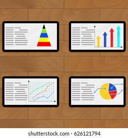 Set of tablets with color chart, vector economy graph rate and diagram illustration