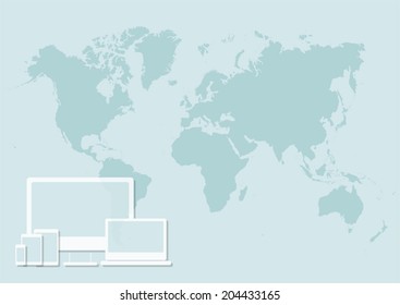 Set of tablets, computer and laptop. Illustration design over a world map background