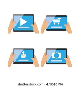 Set of tablets with different app icons, Vector illustration