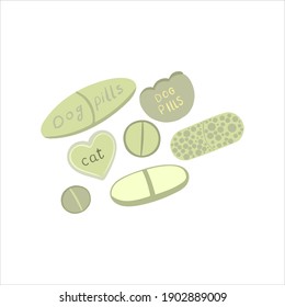Set of tablets for dogs vector, colored medicinal vitamins. Vet clinic. Stock illustration hand-drawn in cartoon style isolated on white background
