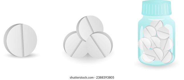 Set of tablets isolated on white Bottle of tablets Vector illustration for medicine medical poster magazine 