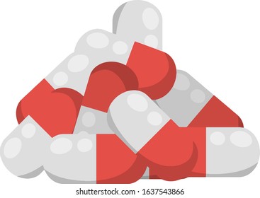 Set of tablets. Medical care. Element of health, hospitals and diseases. Lots of medicine and red capsules. Pile of pill and drug. Flat illustration