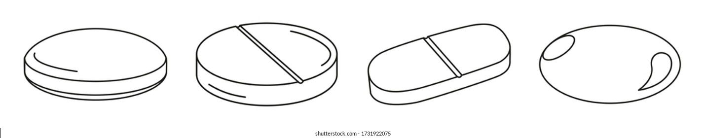 Gruppe von Tabletten Medikationen Icons isolierte Vektorgrafik schwarz Umrisslinie auf weißem Hintergrund
