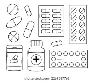 A set of tablets, vitamins and capsules. Medicine icons collection. Vector illustration . Doodle style. Linear Medicines.