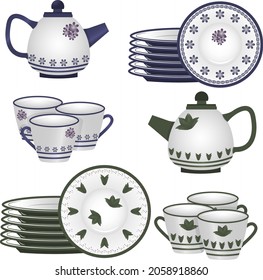 A set of tableware. Beautiful handmade ceramics on shelves flat vector illustration. Clean dishes. Decorative tableware, isolated on a white background.