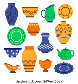Set of tableware in cartoon style. Vector illustration of a variety of tableware decorated with patterns: leaves, flowers, spirals, circles, straight and wavy lines isolated on a white background.
