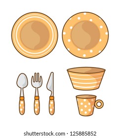 Set of tableware dishes , spoons , bowl , and a cup , cartoon vector illustration