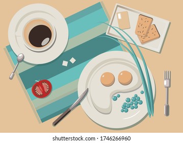 set of tableware and food for breakfast