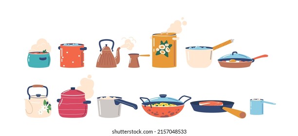 Set of Tableware, Hot Saucepans with Soup or Boiling Water, Kettle or Pot with Tea, Steaming Cook Pans, Frying Pan with Meat, Ladle and Cezve Isolated on White Background. Cartoon Vector Illustration