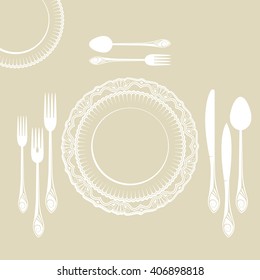 set of tableware on white background