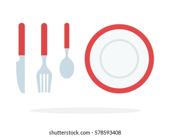 Set of tableware with a red stripe vector flat material design isolated on white