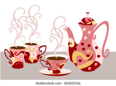 Set of tableware for tea and coffee with abstract print. Elegant teapot and cups in the style of Doodle. Fully insulated objects.