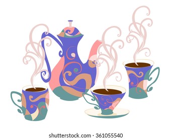 Set of tableware for tea and coffee with abstract print. Elegant teapot and cups in the style of Doodle. Fully insulated objects.