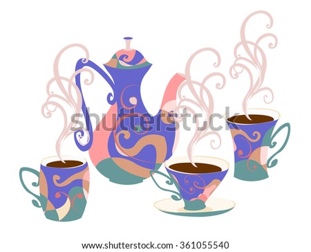 Set of tableware for tea and coffee with abstract print. Elegant teapot and cups in the style of Doodle. Fully insulated objects.