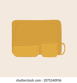 Set of tableware. Yellow dish tray, plate and mug. Cartoon vector illustration
