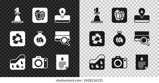 Set Tacheometer, theodolite, Gem stone, Oilfield, Ground, Photo camera, drop document, Gold nugget and Exhibition with minerals, rocks icon. Vector