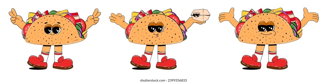 Set of taco characters in retro cartoon style. Vector illustration of Mexican fast food mascots.