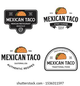 Set of taco logo, badges, banners, emblem for restaurant. Template, label for menu and cafe. Isolated vector illustration.