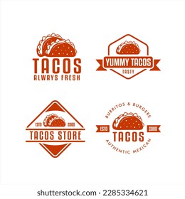 Set of taco logo, badges, banners, emblem, vintage retro,monogram suitable for menu design, business cards or posters. restaurant. Vector illustration.